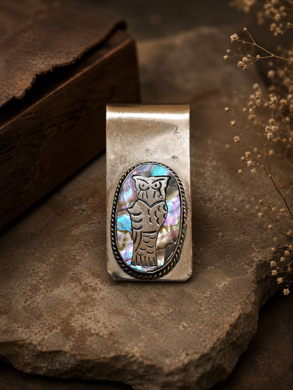 Vintage Alpaca Silver Owl Money Clip with Abalone Inlay | Artisan Mid-Century